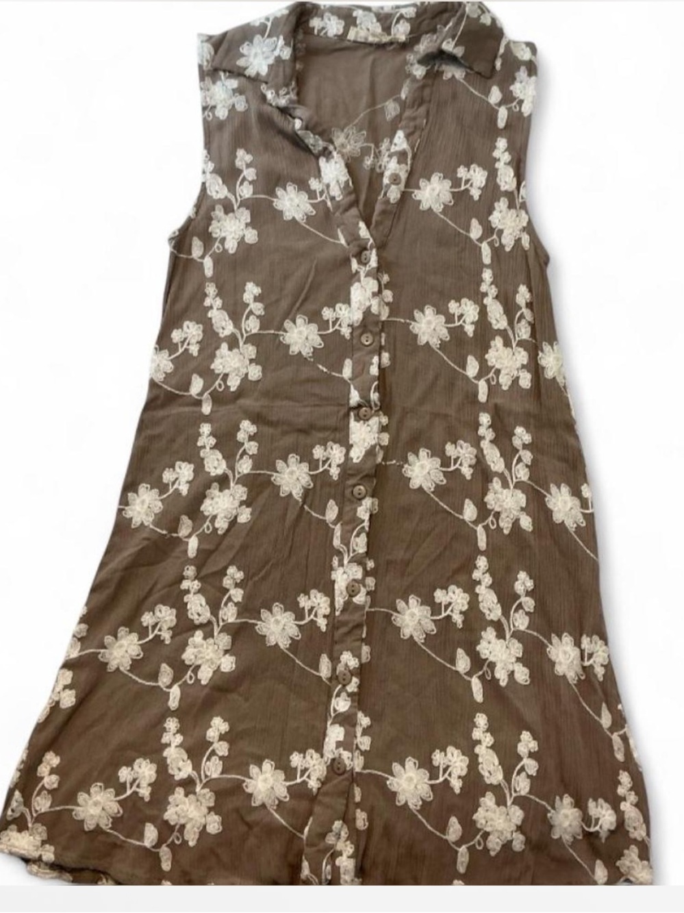 indigo soul Brown Sleeveless Button-Down Top with White Floral Embroidery